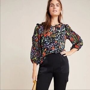 Anthropologie Maeve Floral Peasant Metallic Contrast Blouse
